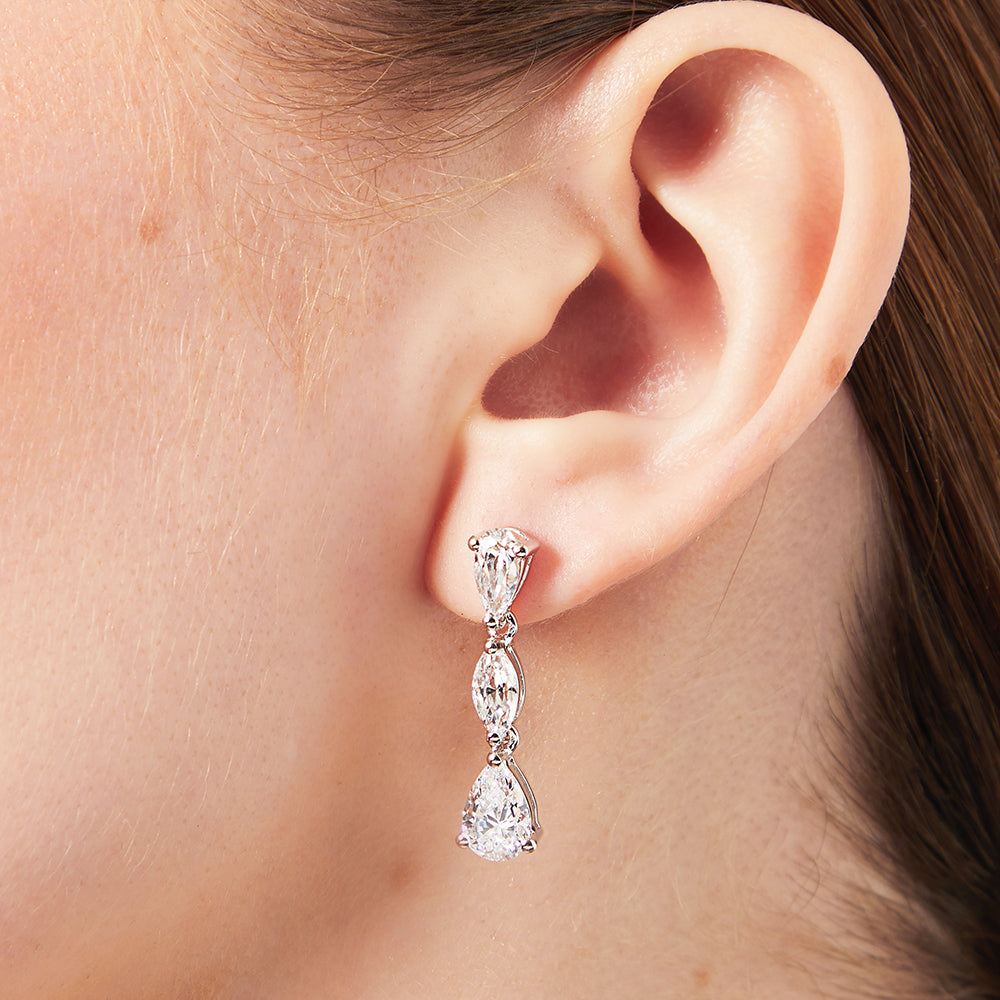 Sterling Silver Drop Earrings - Featuring 3 Graduated Pear and Marquise Shape Cubic Zirconia Stones - JOOLS By Jenny Brown
