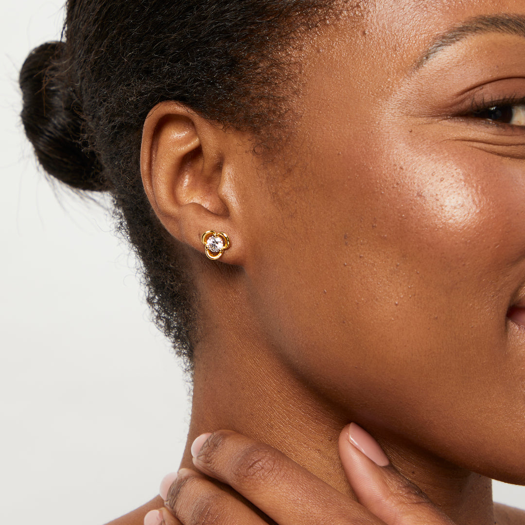 Yellow Gold Three Flower Zirconia Stud Earrings-JOOLS by Jenny Brown