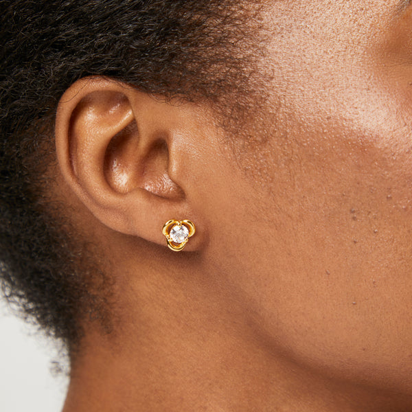 Yellow Gold Three Flower Zirconia Stud Earrings-JOOLS by Jenny Brown
