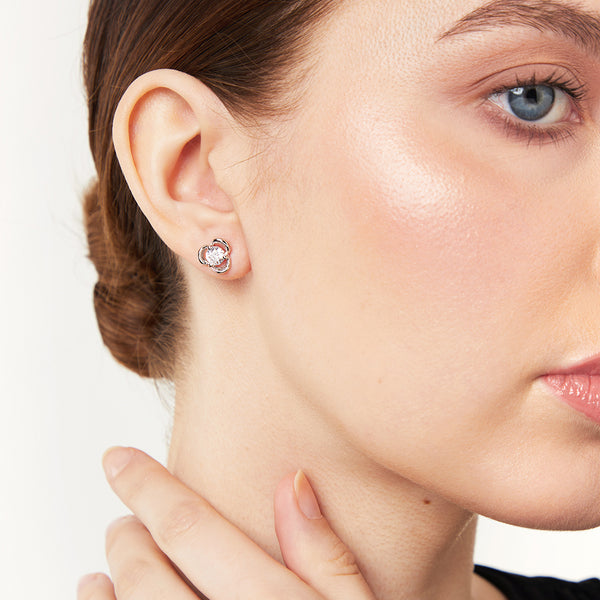 Sterling Silver Three Flower White Zirconia Stud Earrings
