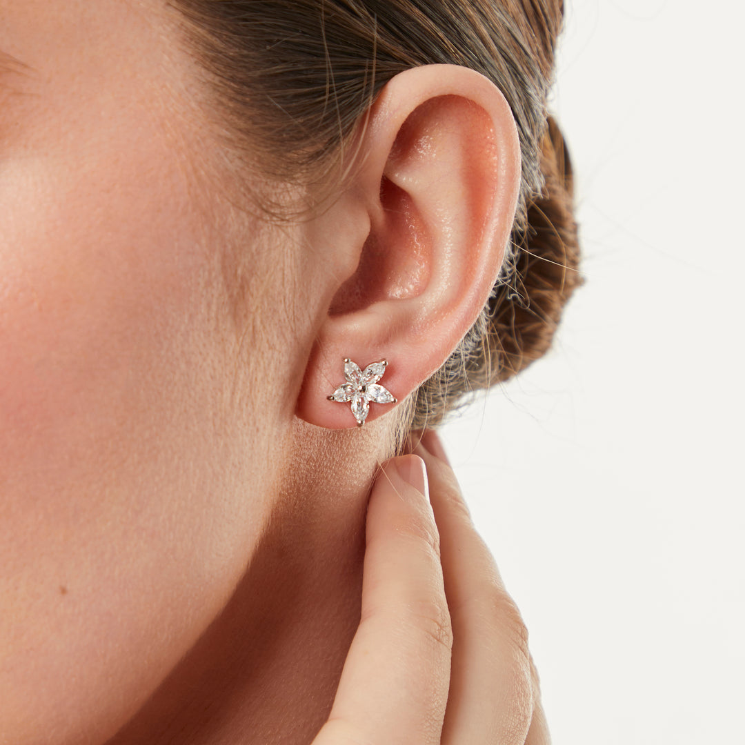 Sterling Silver Flower Stud Earring With 5 Marquise Cubic Zirconia Petals -JOOLS by Jenny Brown