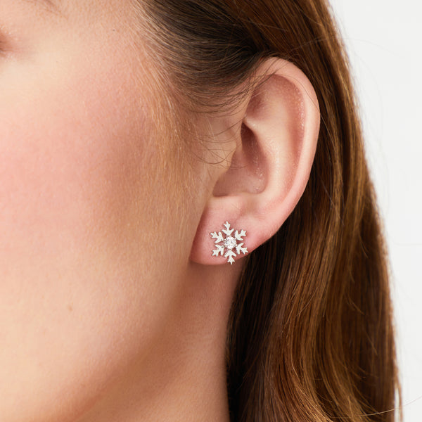 A pair of sterling silver snowflake earrings with a central cubic zirconia stone in each earring-JOOLS by Jenny Brown