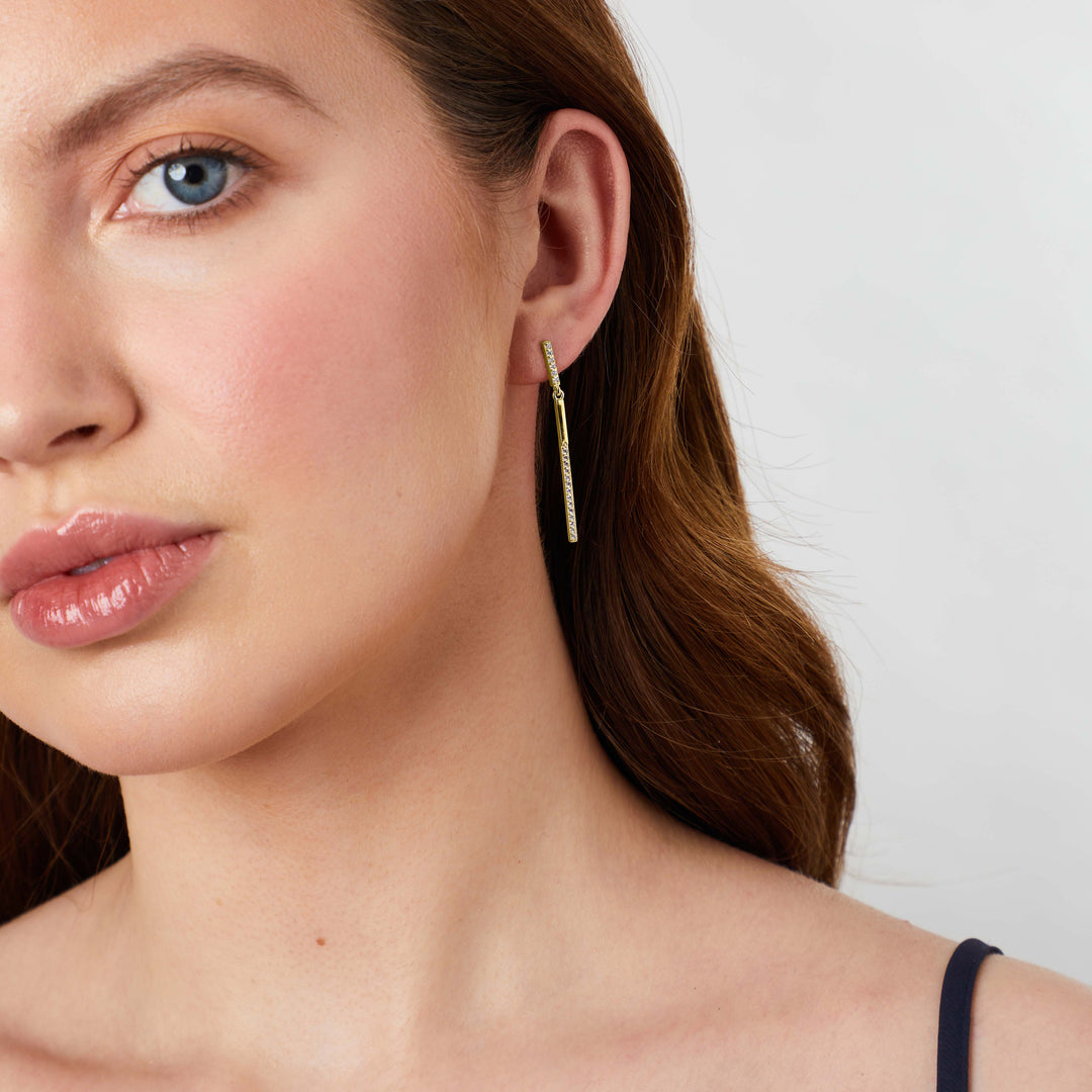 Gold Thin Bar Drop Earrings  With Cubic Zirconia