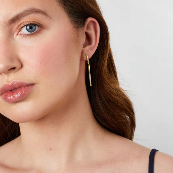 Gold Thin Bar Drop Earrings  With Cubic Zirconia