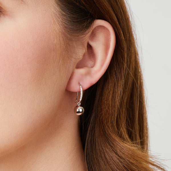 Sterling Silver Pave Set Fishhook Earrings With 8mm Plain Silver Ball Drop JOOLS by Jenny Brown