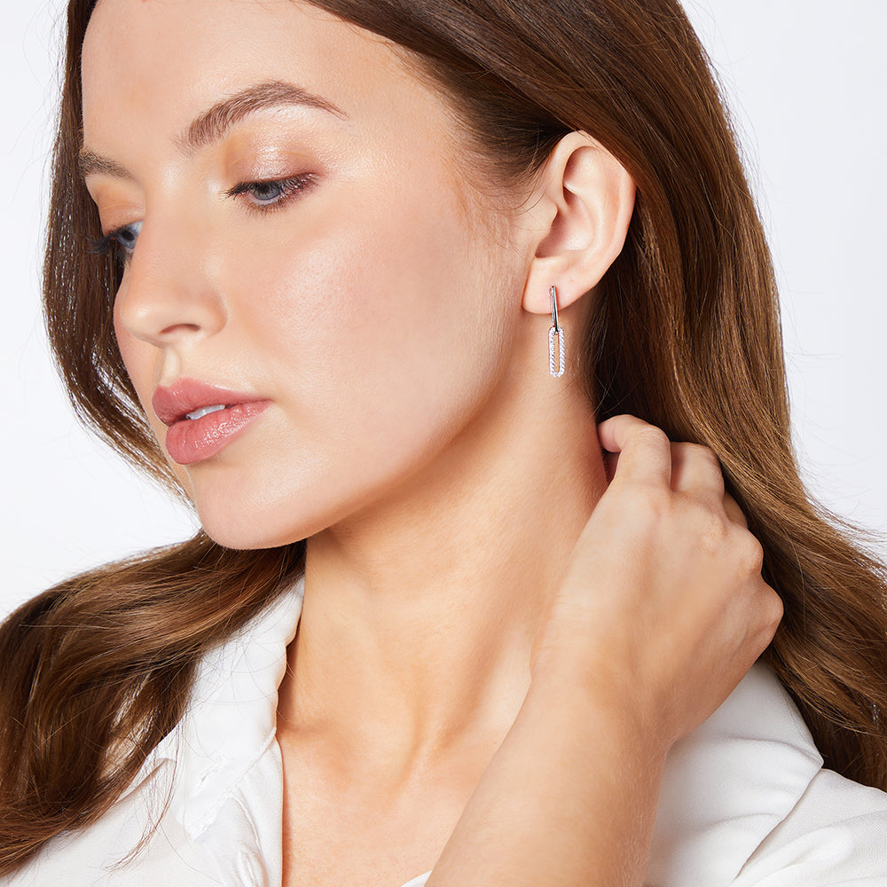 Sterling Silver Long Drop Link Earring With Cubic Zirconia-JOOLS by Jenny Brown