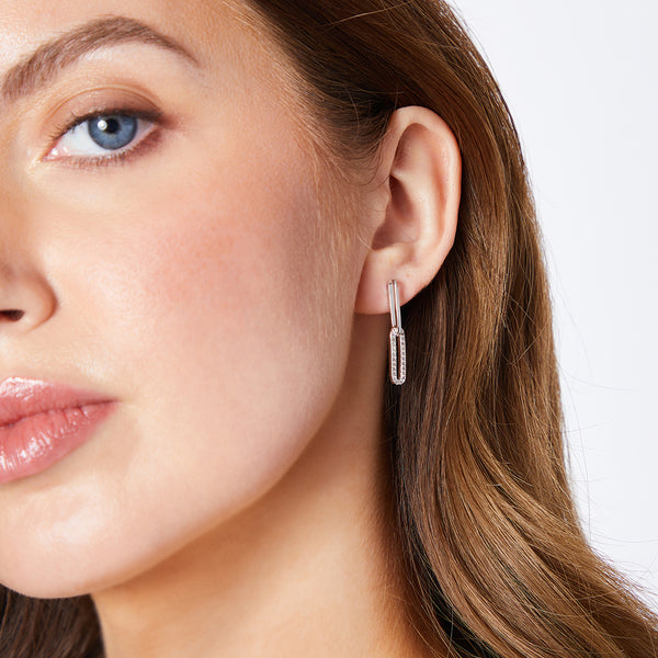 Sterling Silver Long Drop Link Earring With Cubic Zirconia-JOOLS by Jenny Brown