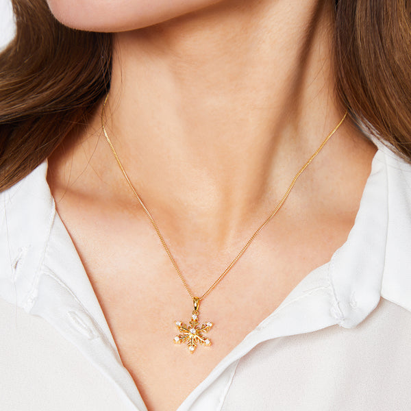 Yellow Gold Snowflake Pendant With Seven Cubic Zirconia Stones-JOOLS by Jenny Brown