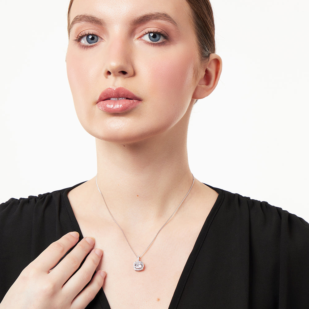 Sterling Silver Cushion Cut Pendant With Coloured Cubic Zirconia- Halo Style - JOOLS By Jenny Brown