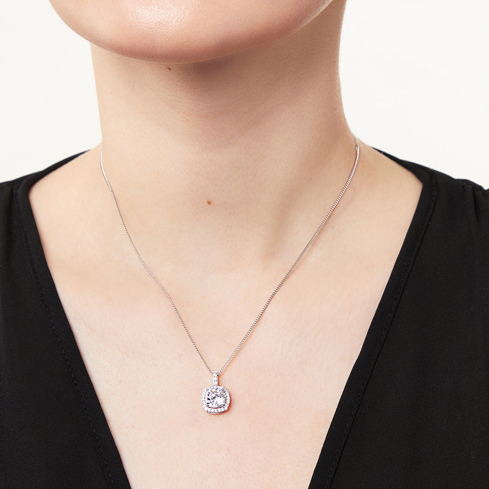Sterling Silver Cushion Cut Pendant With Coloured Cubic Zirconia- Halo Style - JOOLS By Jenny Brown
