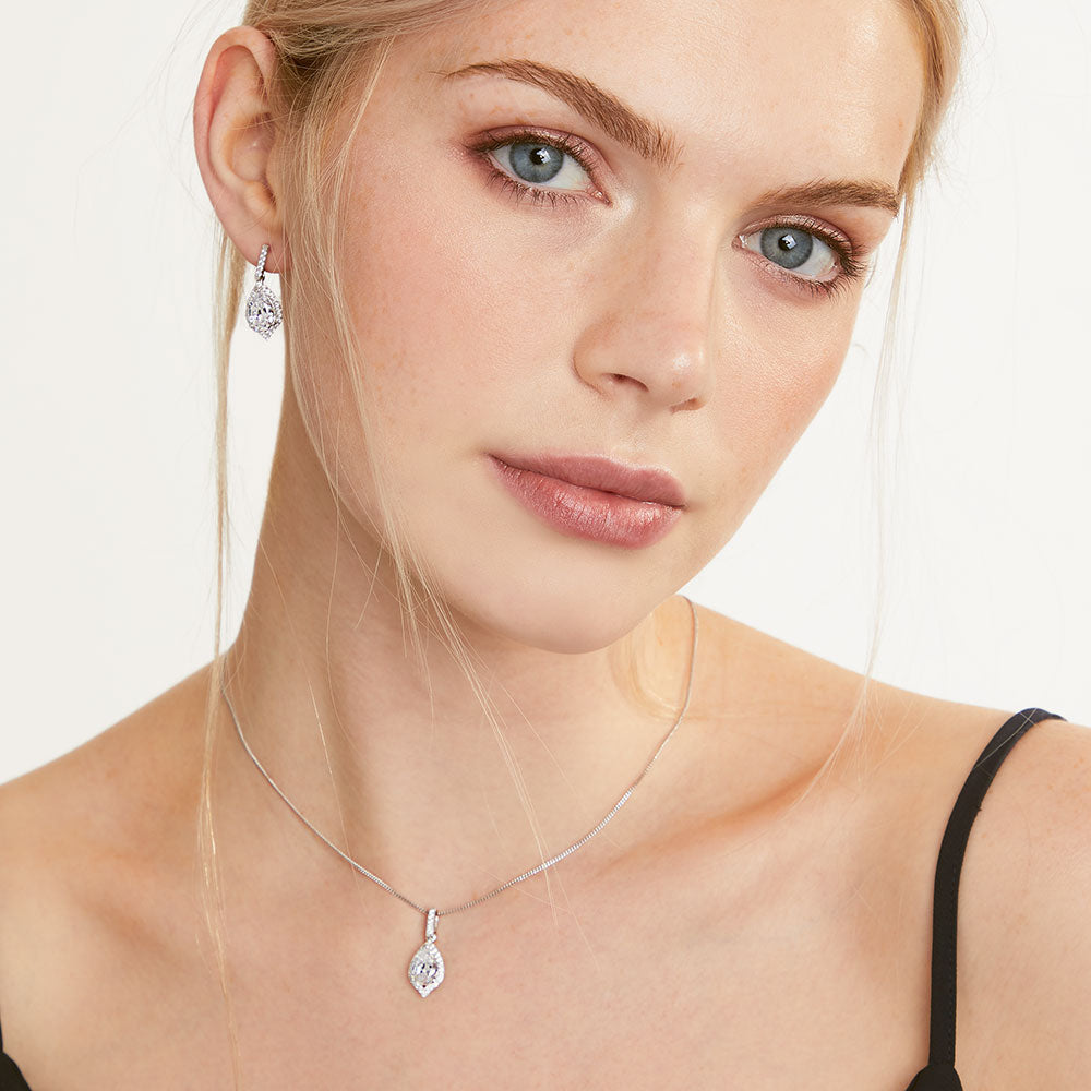 Sterling Silver Halo  Pear  Pendant