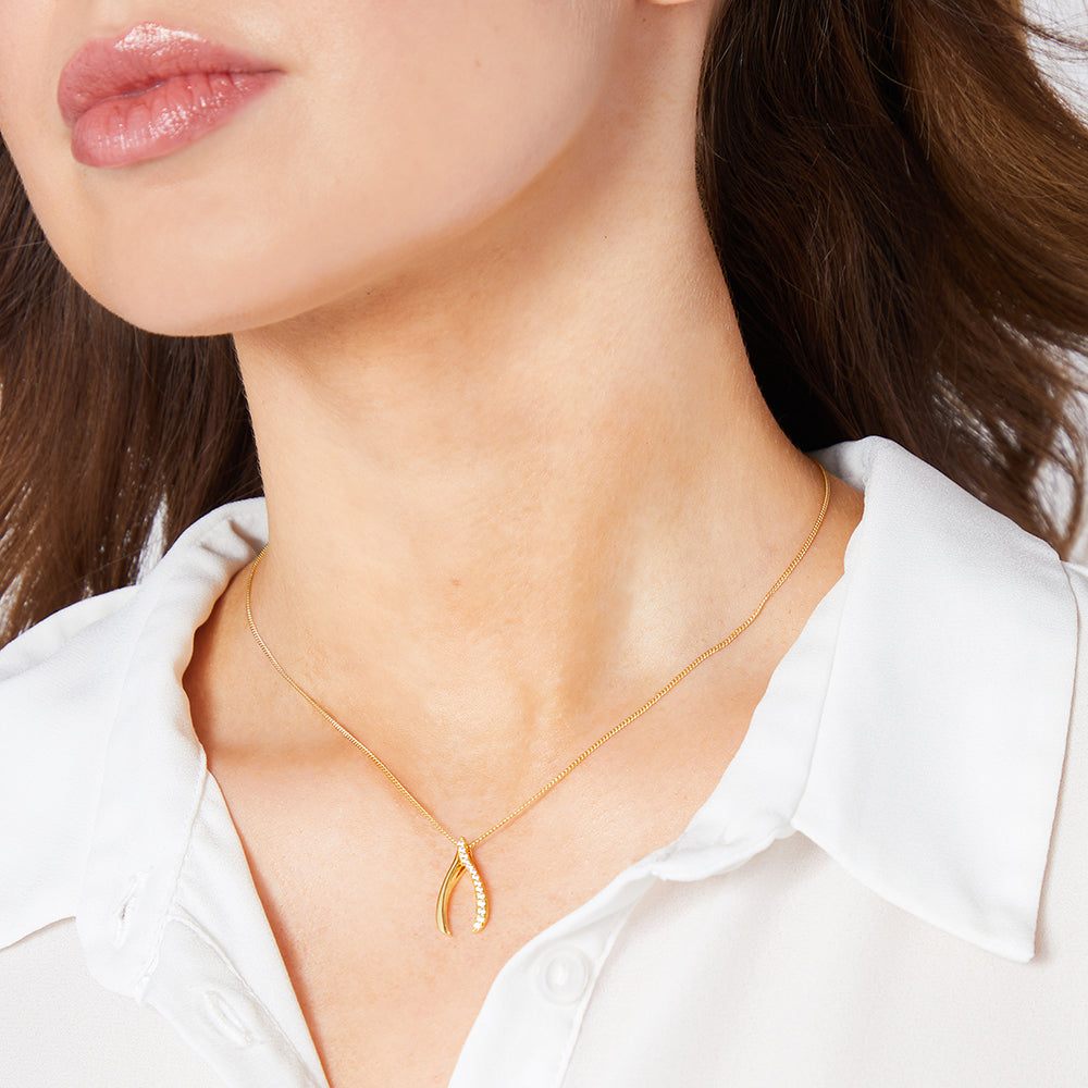 Yellow Gold Wishbone Pendant With Half Pave Cubic Zirconia-JOOLS by Jenny Brown