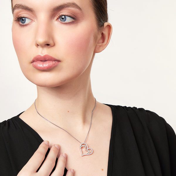 Sterling Silver Double Heart Pendant With Outer Pave Set Cubic Zirconias JOOLS by Jenny Brown