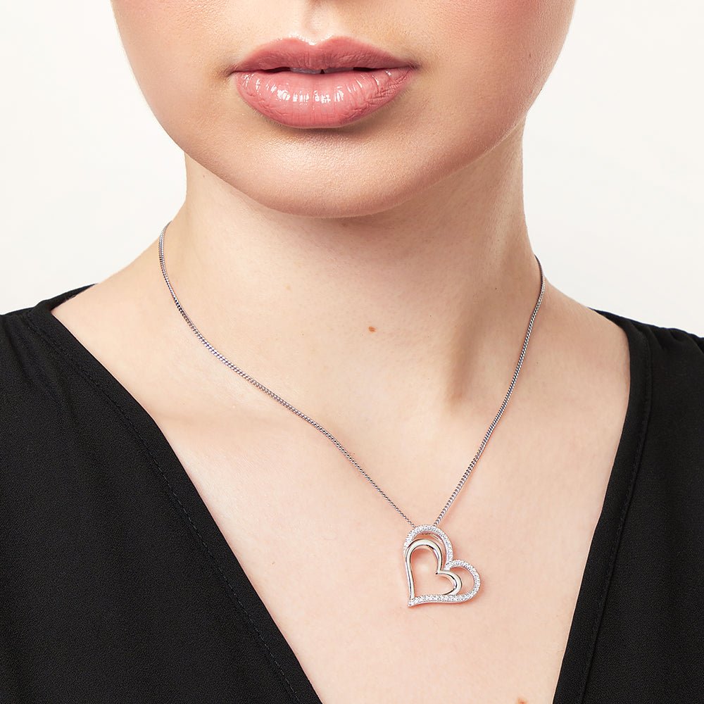 Sterling Silver Double Heart Pendant With Outer Pave Set Cubic Zirconias JOOLS by Jenny Brown