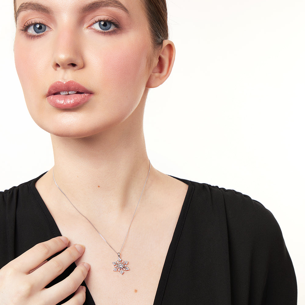 Sterling Silver Cubic Zirconia Snowflake Round Pendant-JOOLS by Jenny Brown