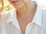 Load image into Gallery viewer, A sterling silver necklace with a bee-shaped pendant encrusted with cubic zirconia, on a chain.
