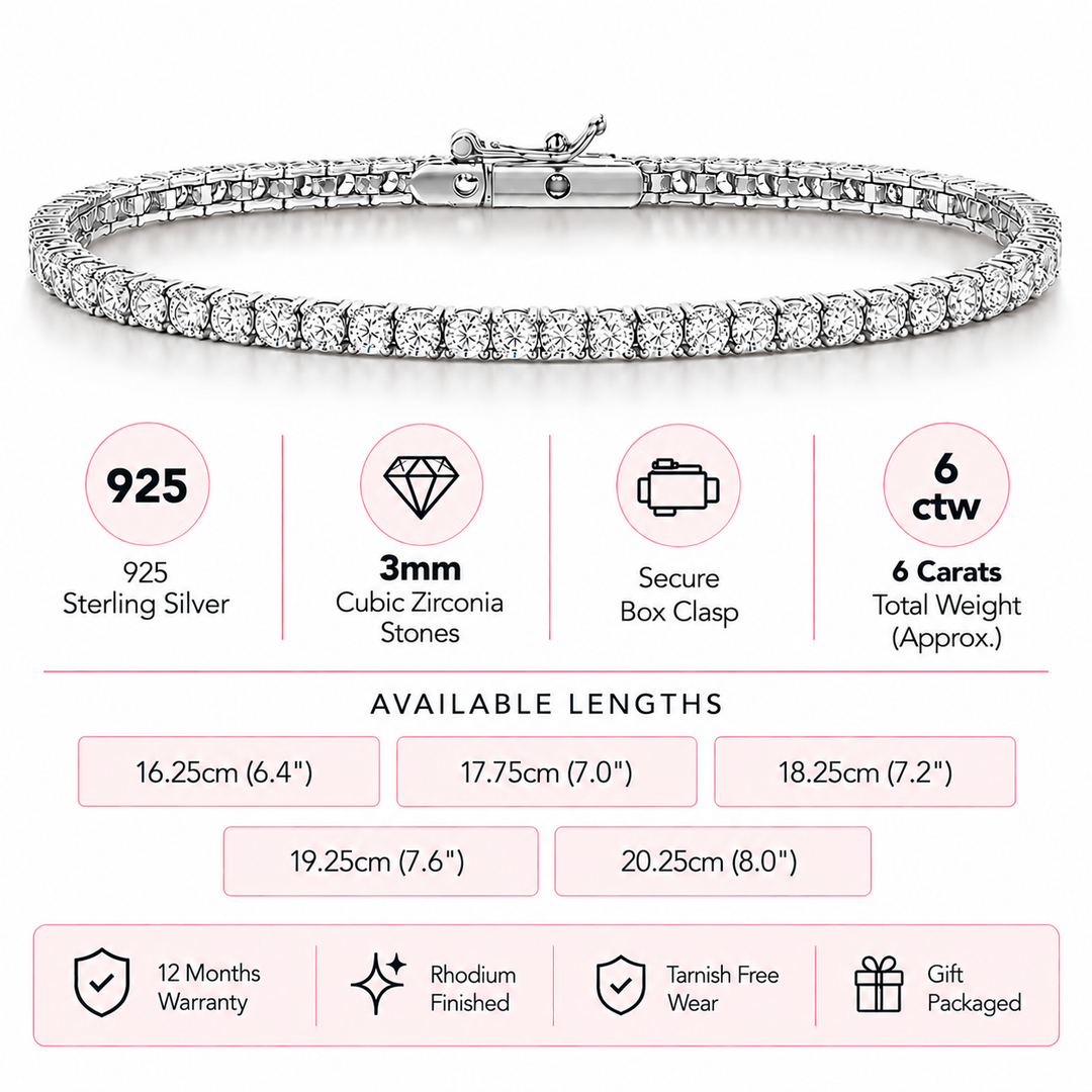 Sterling Silver Cubic Zirconia 6 Carat Tennis Bracelet