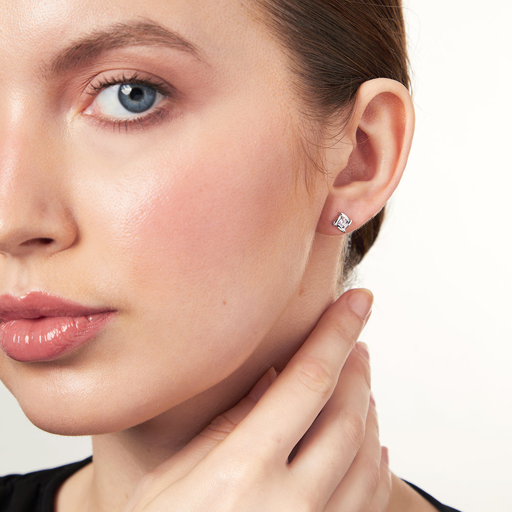 Sterling Silver Cubic Zirconia Stud Earrings With A Square Setting-JOOLS by Jenny Brown