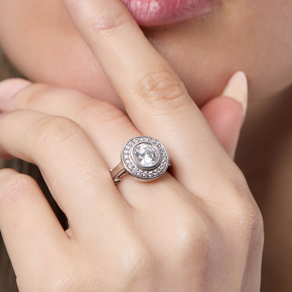 Sterling Silver Halo Bezel Set  Ring
