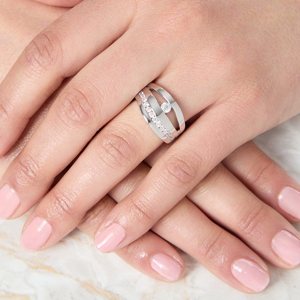Sterling Silver Triple Band Ring  With A Single Round Stone - JOOLS By Jenny Brown
