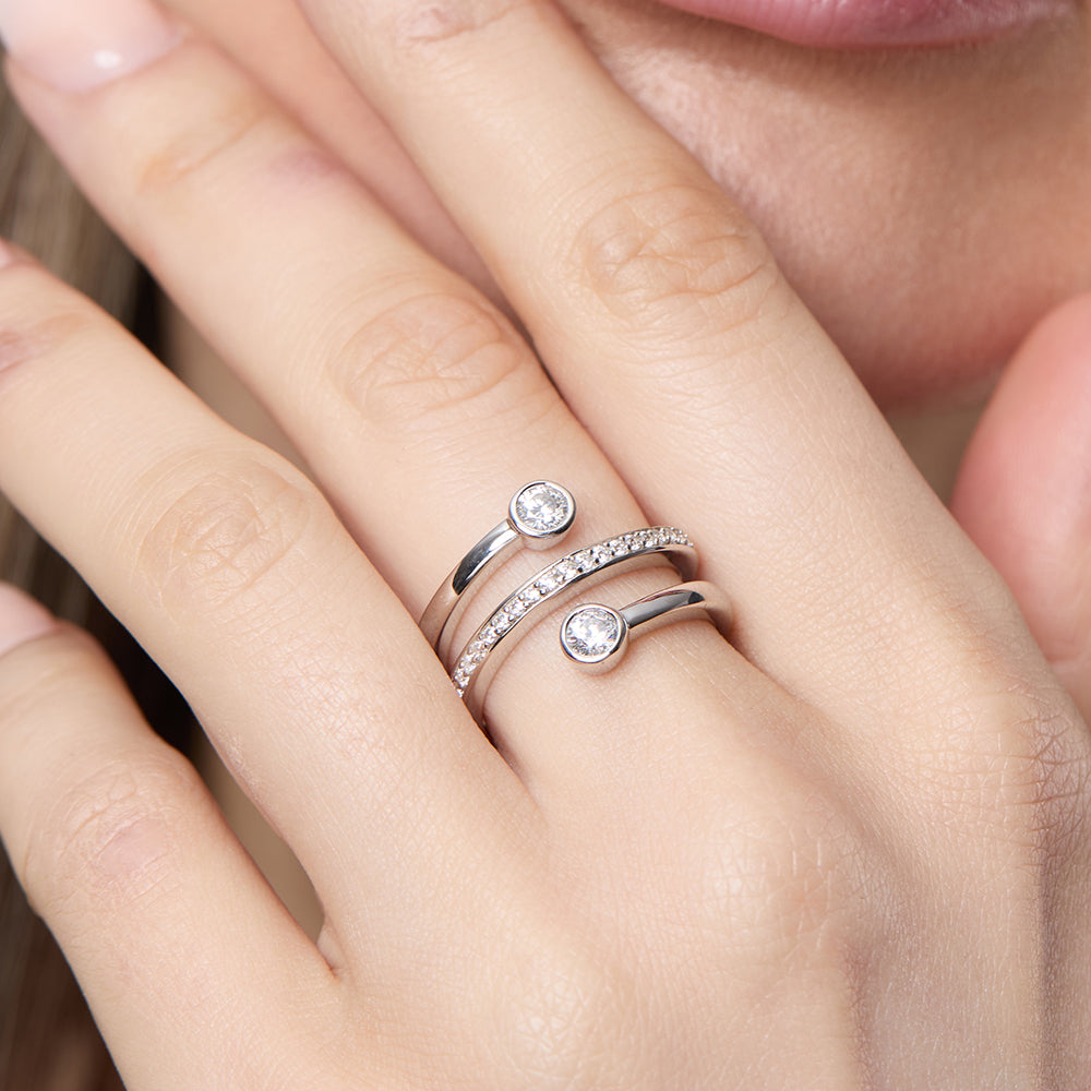 Sterling Silver Open Band  Ring With Rub Set Stones