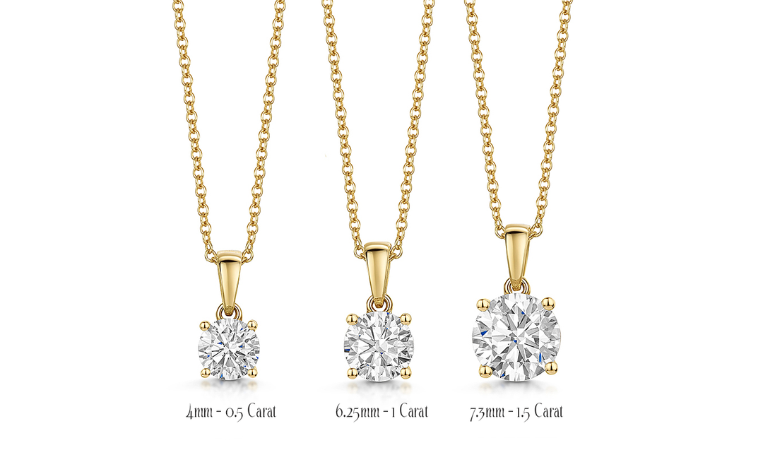 Three gold lab diamond pendants of 0.5,1.0 and 1.5 carat different sizes -Exclusive Diamonds by Jenny Brown