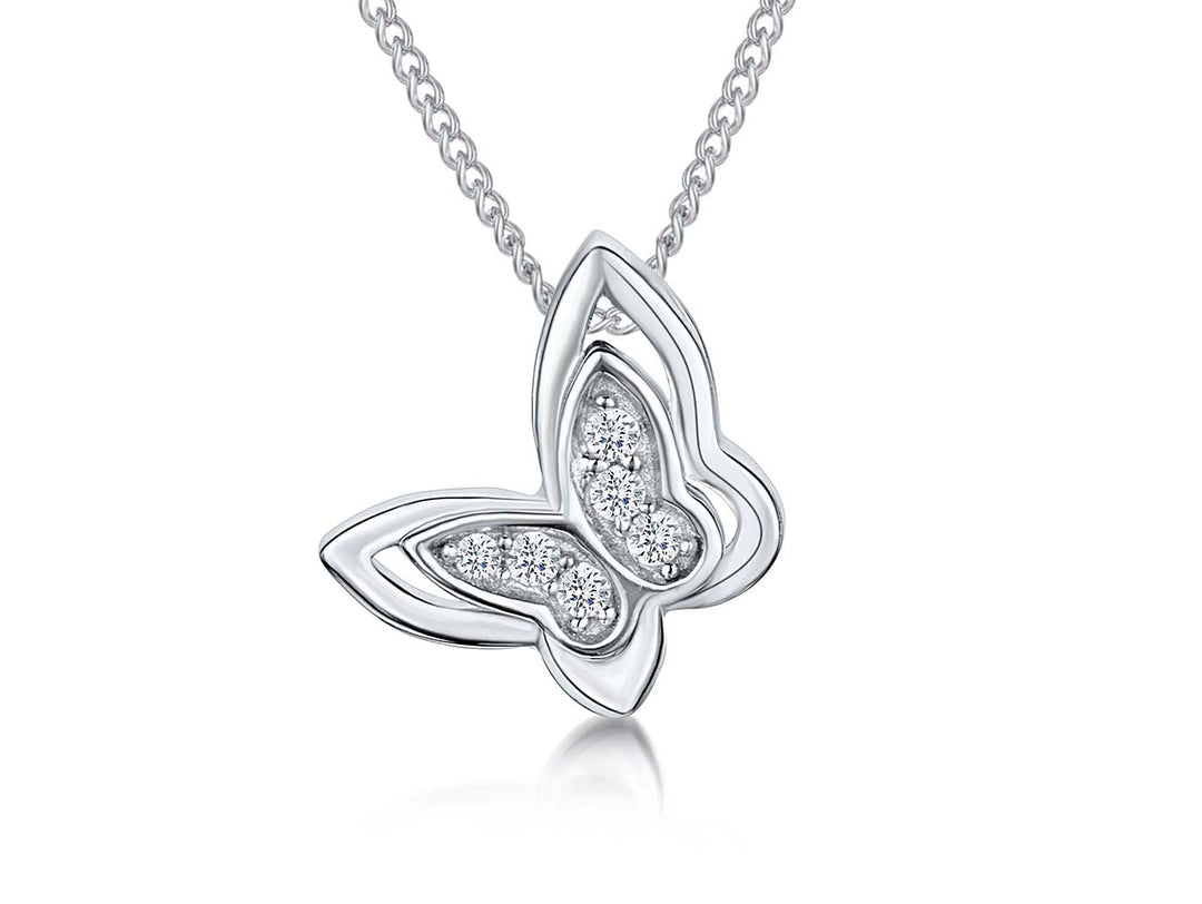 Sterling silver pendant in the shape of a butterfly wing, featuring a central cubic zirconia round cut stone with smaller stones along the edges,JOOLS by Jenny Brown