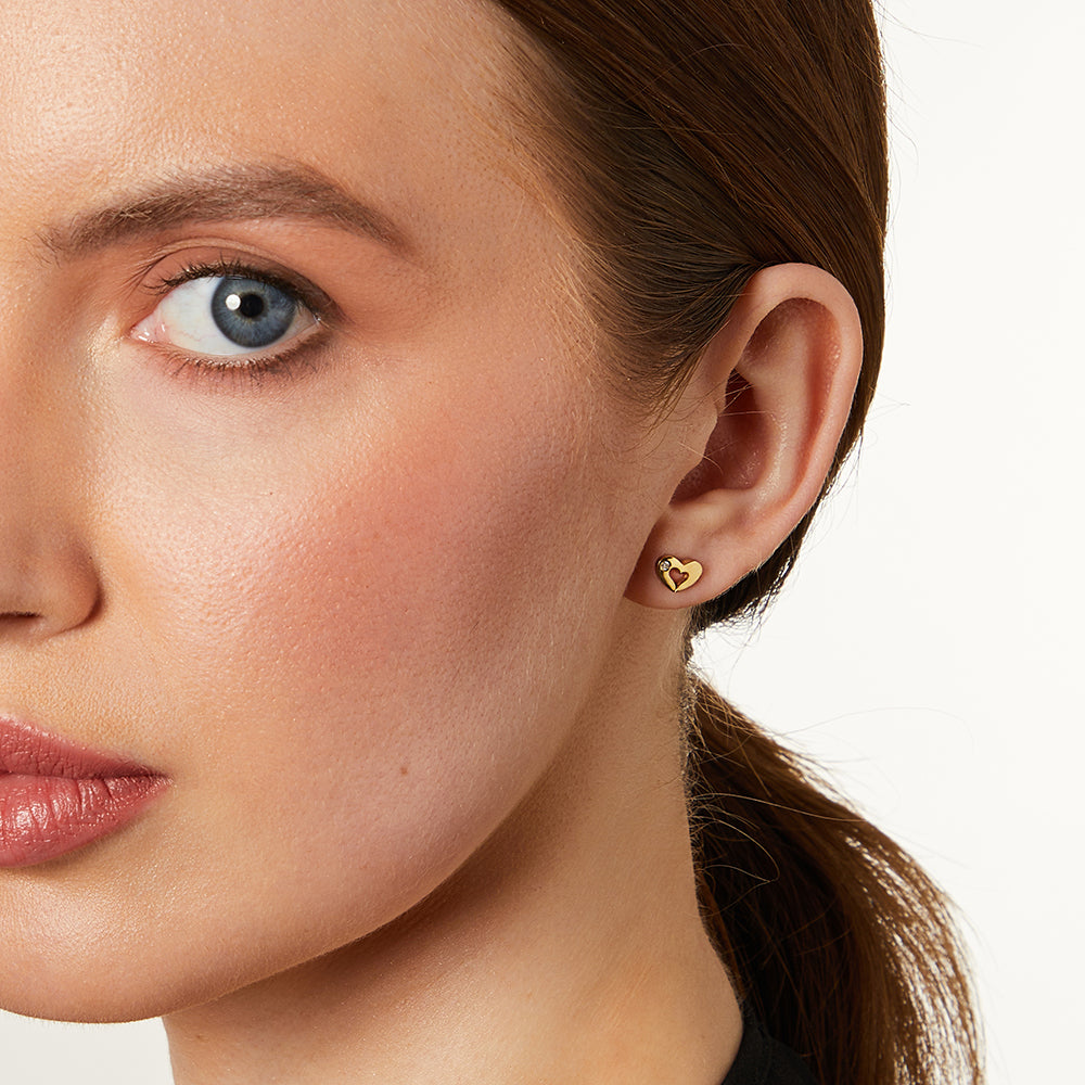 Yellow Gold & Diamond Offset Open Heart Stud Earrings
