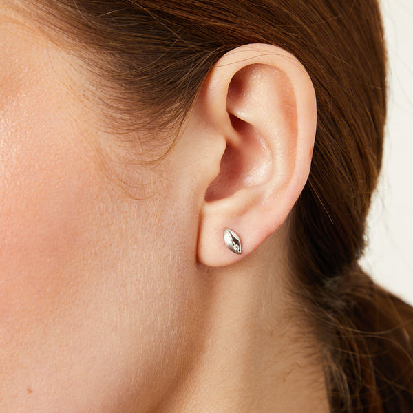 White Gold Half Brushed  Diamond Studs Earrings