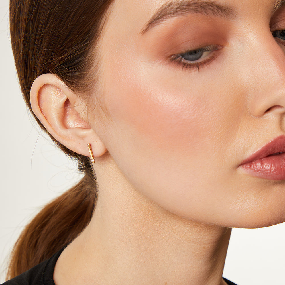 Yellow Gold  Rectangular Bar Earrings Set With Diamonds