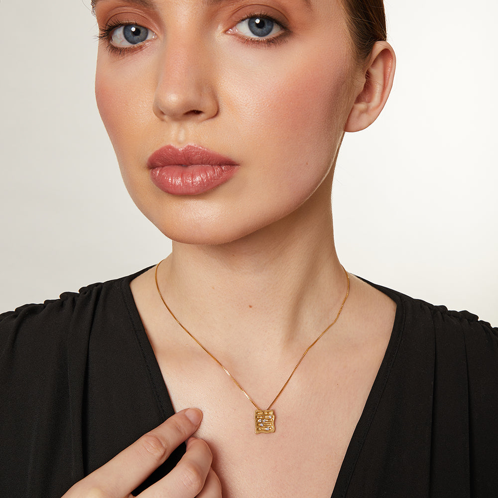 Yellow Gold Scattered Diamond Square  Ridged Pendant