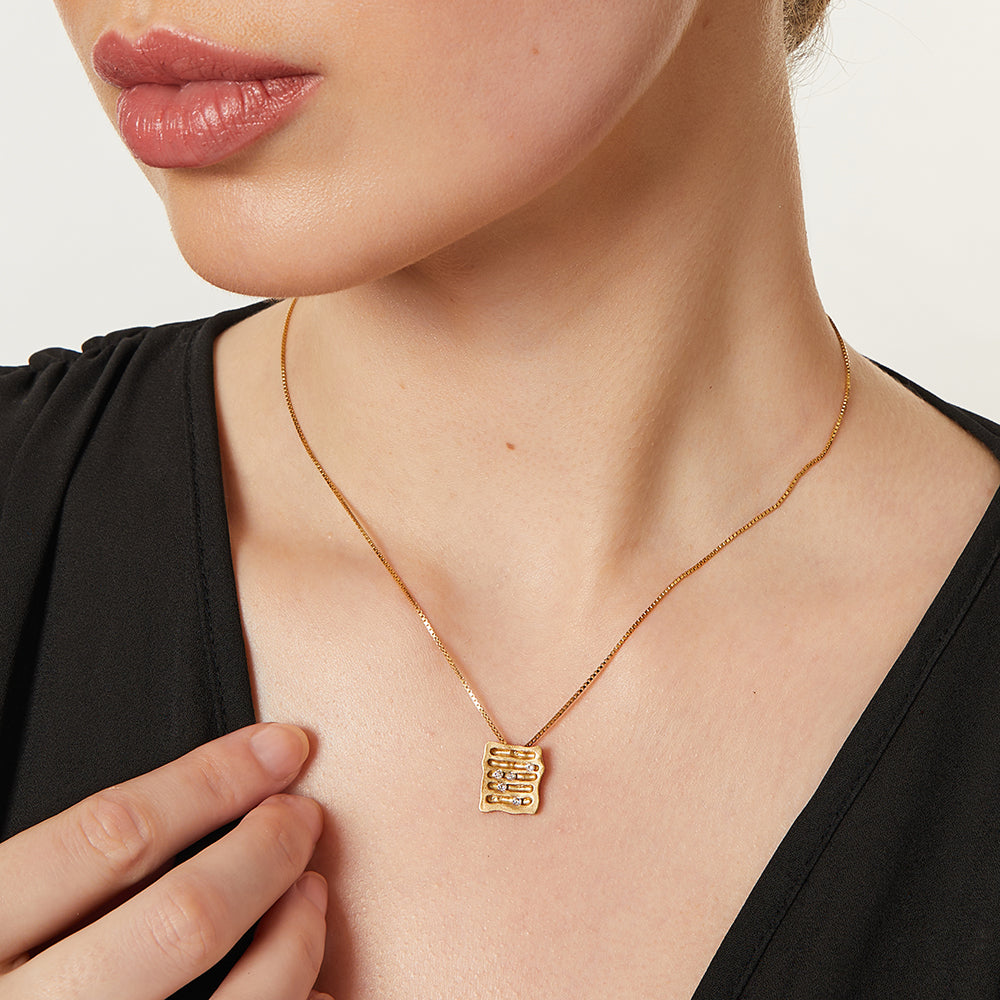 Yellow Gold Scattered Diamond Square  Ridged Pendant