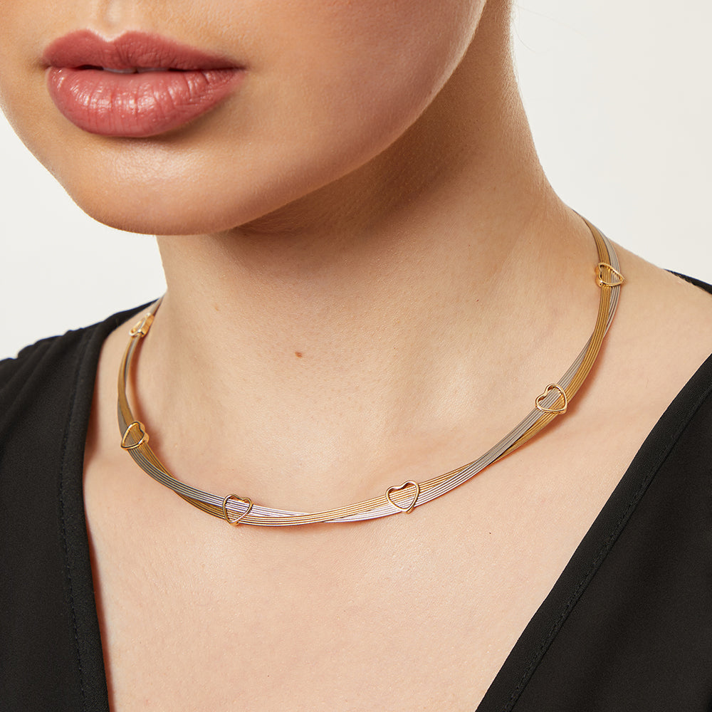 White & Yellow Gold Full Collar Necklace With Intertwined Strands & Threaded Hearts