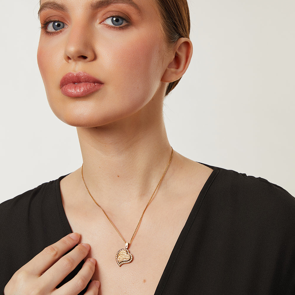 Yellow Gold Textured Offset Heart Pendant Set With Diamonds