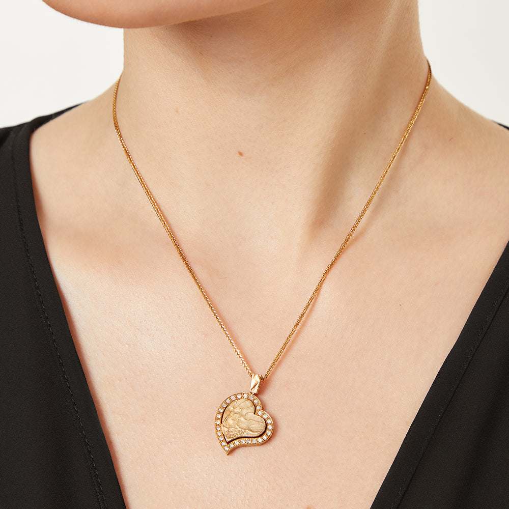 Yellow Gold Textured Offset Heart Pendant Set With Diamonds