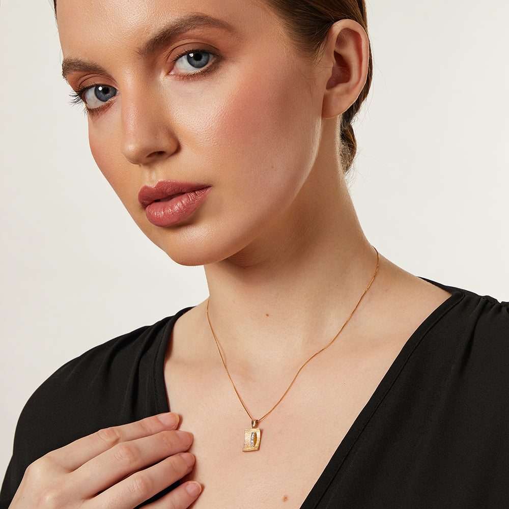 Yellow Gold Textured Square With Bar Of Diamonds