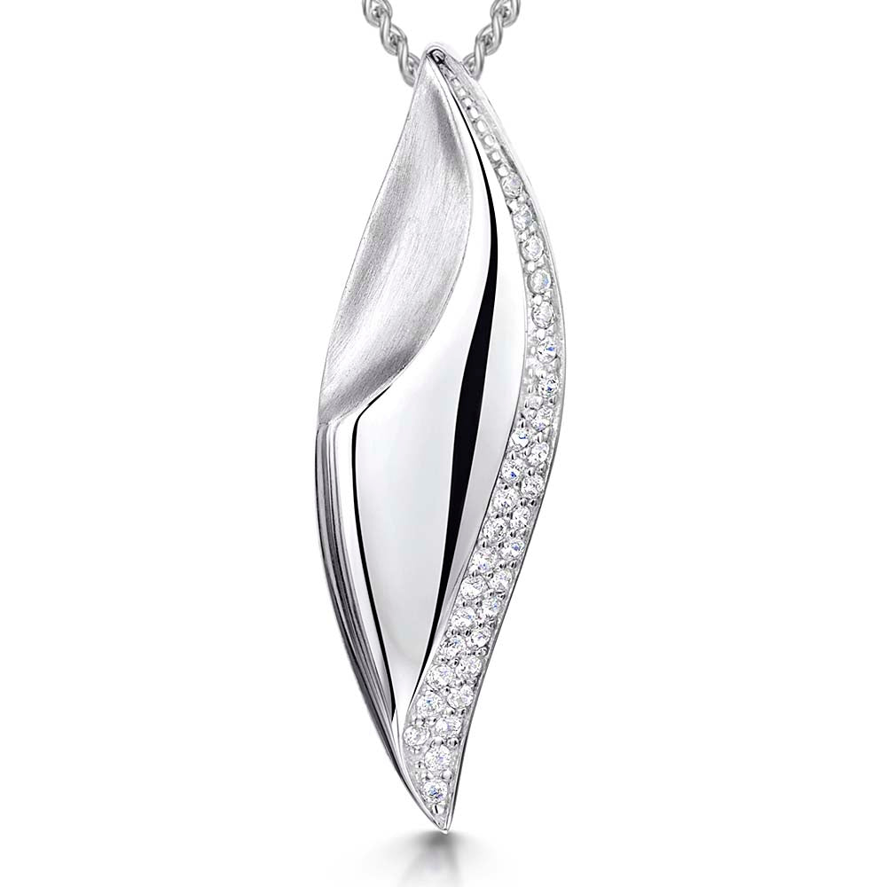Polished & Textured Silver & Cubic Zirconia Pointed Pendant