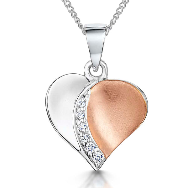 Half Silver Half Rose Gold Satin Finished Heart Pendant - JOOLS By Jenny Brown
