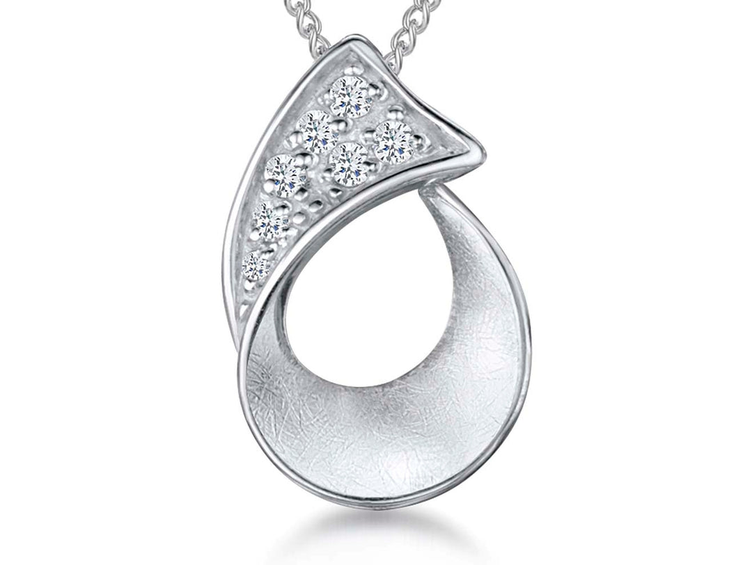 Brushed Silver Teardrop Pendant With Cubic Zirconias