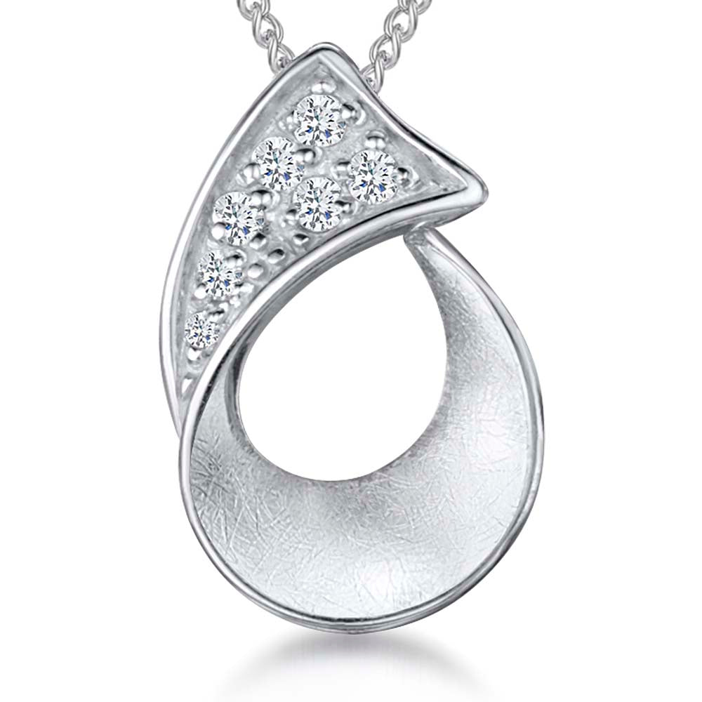 Brushed Silver Teardrop Pendant With Cubic Zirconias