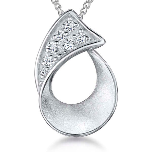 Brushed Silver Teardrop Pendant With Cubic Zirconias