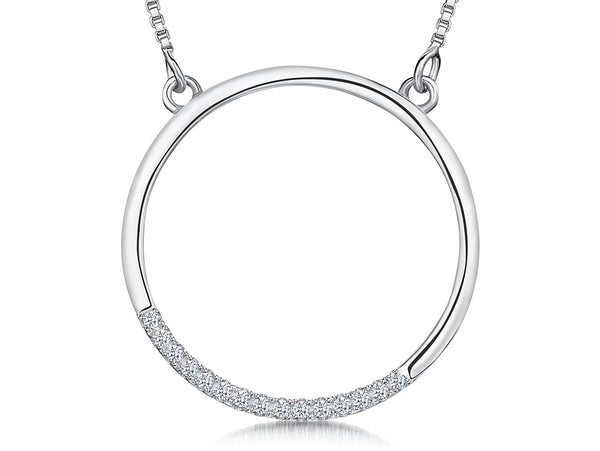 Sterling silver necklace with a cubic zirconia set open circle pendant.