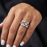 Load image into Gallery viewer, Solid 925 sterling silver statement ring featuring three rows of round white cubic zirconia stones in polished bubble bezel settings.
