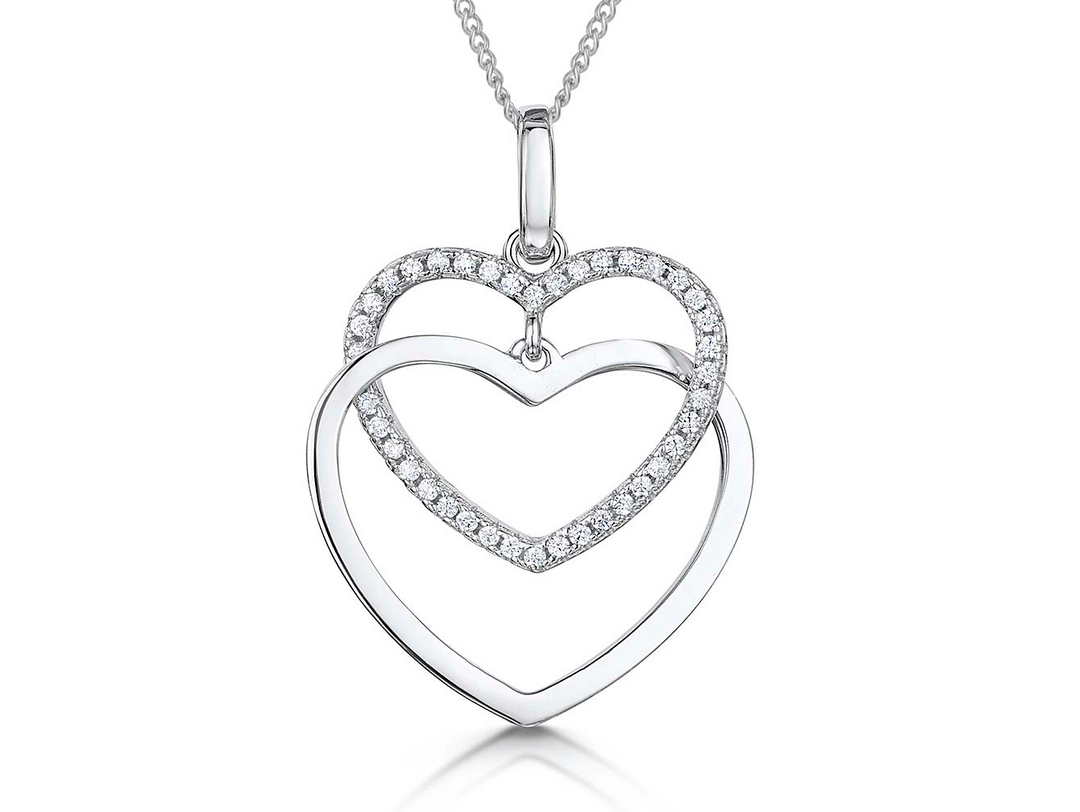 Sterling Silver Double Heart Pendant Each With A Polished And Cubic Zirconia Set Heartpendants - JOOLS By Jenny Brown