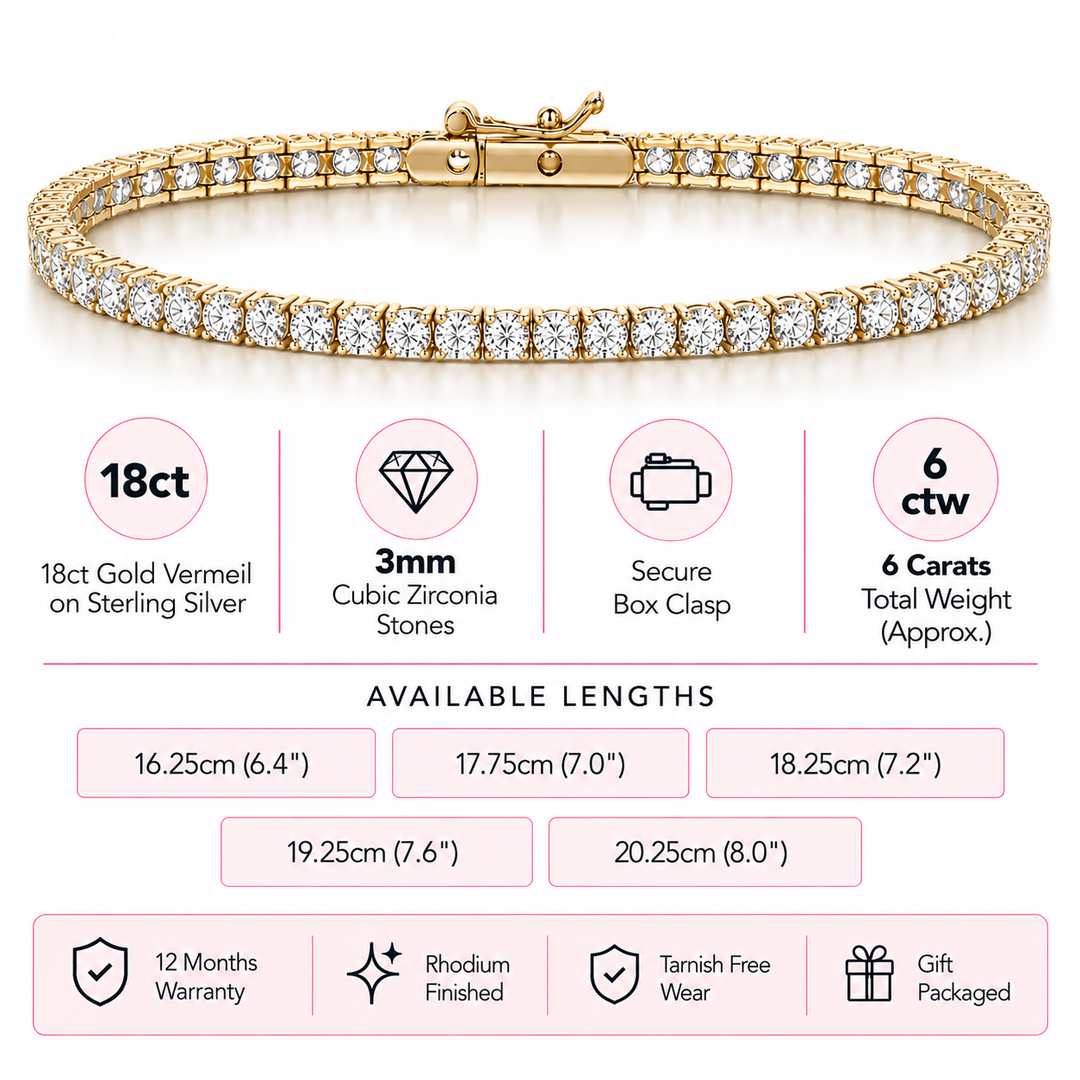 Gold Vermeil 6 Carat Cubic Zirconia Tennis Bracelet