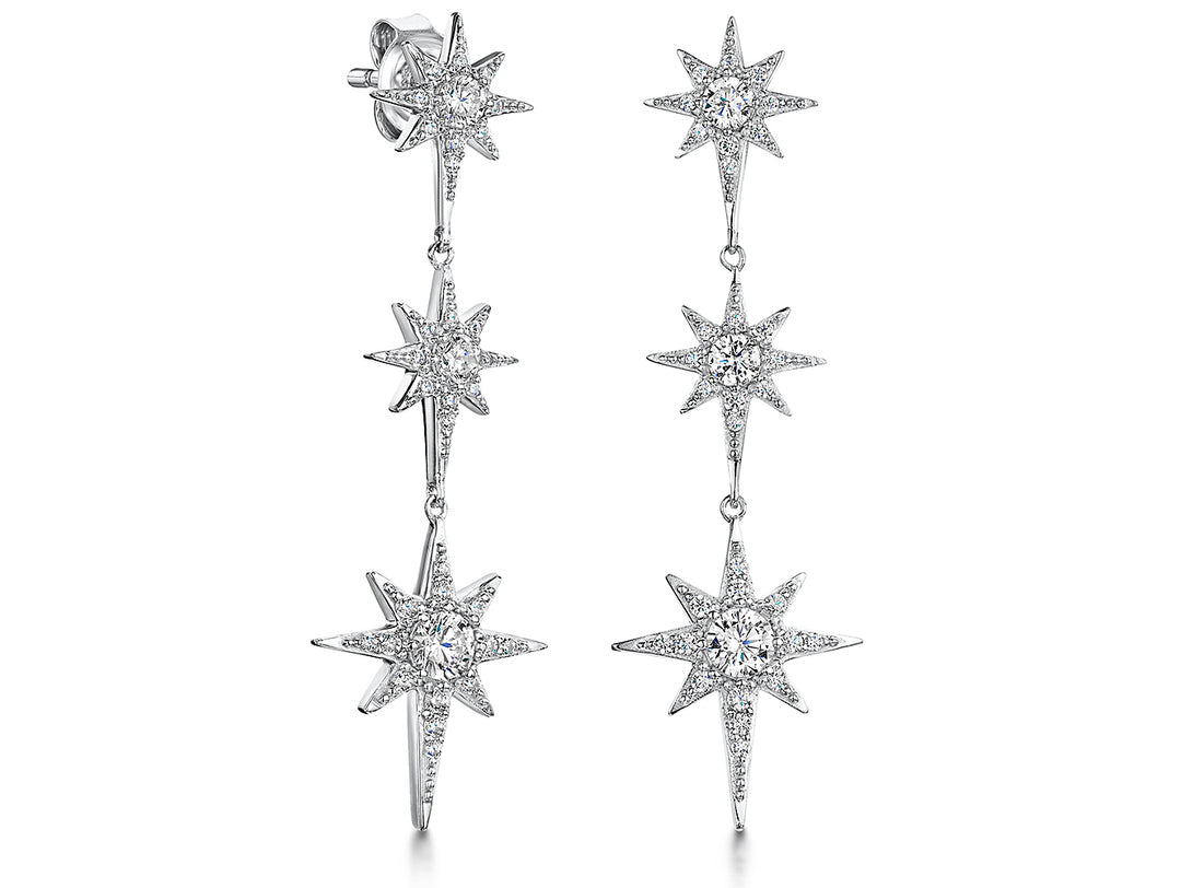 Sterling Silver Three Star  North Star Drop  Stud Earrings