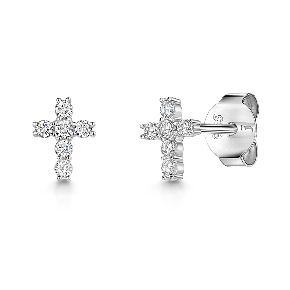 Small Silver & Cubic Zirconia Cross Earrings-JOOLS by Jenny Brown