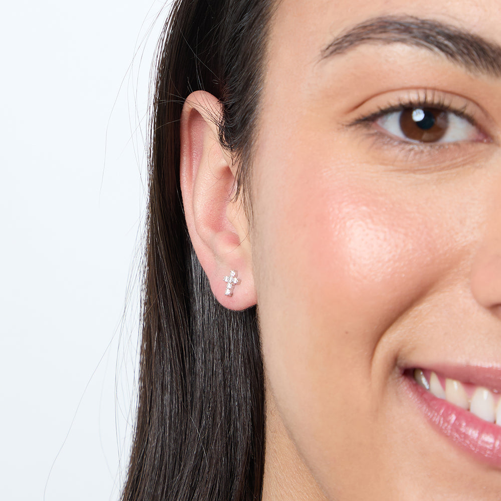 Small Silver & Cubic Zirconia Cross Earrings-JOOLS by Jenny Brown