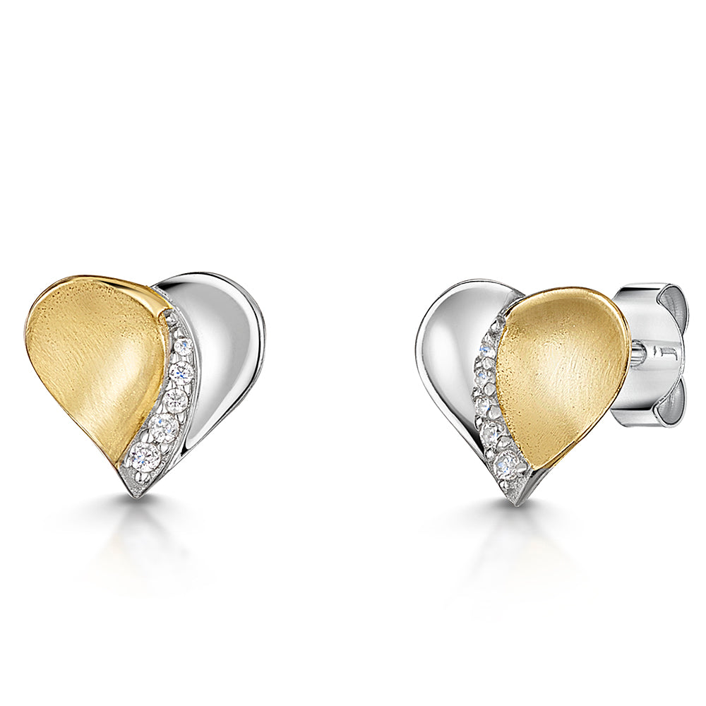 Yellow Gold And Silver Brushed Stud Earrings With Cubic Zirconia-JOOLS by Jenny Brown