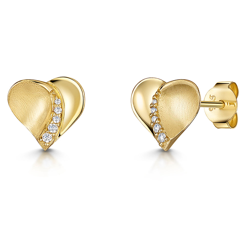 Yellow Gold Half Brushed  Heart Stud Earrings -JOOLS by Jenny Brown
